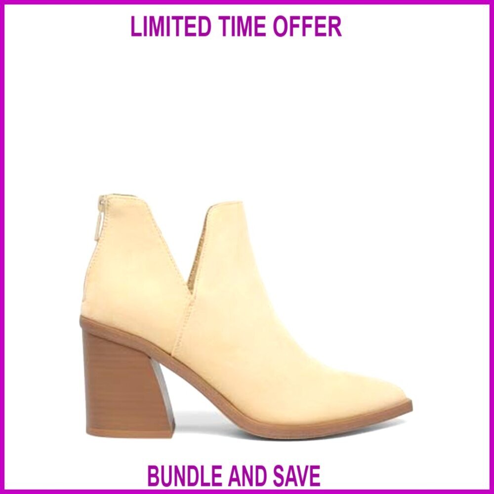 Faux Leather Chunky Heel Ankle Boots Pointed Toe Booties - Picture 2 of 7